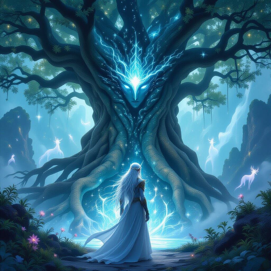 Ethereal Elf Prince and Ancient Tree in Dreamy Light