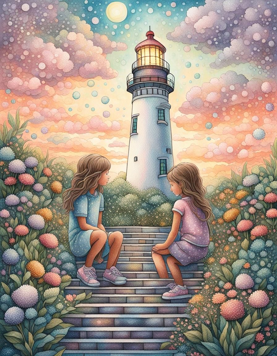 Pointillist Girls by Lighthouse with Metallic Accents