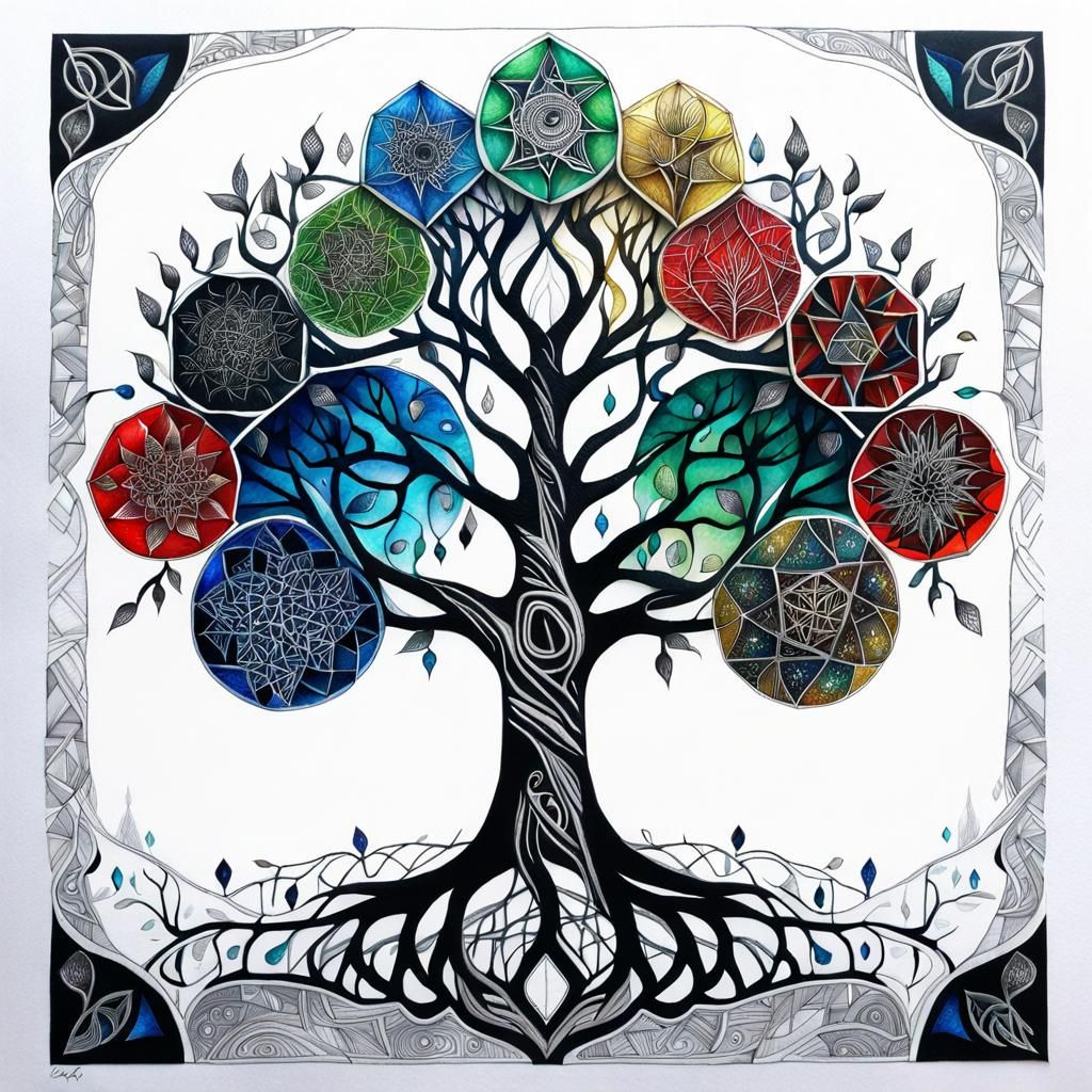 Seven-Colored Zentangle Tree with Yggdrasil Ink