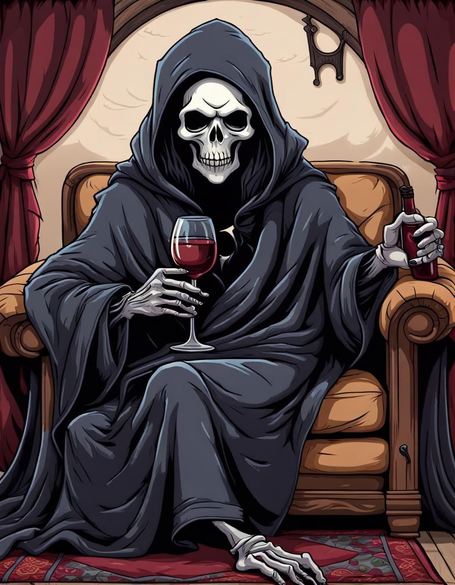 Cartoon Grim Reaper Relaxes in Bisa Butler Style