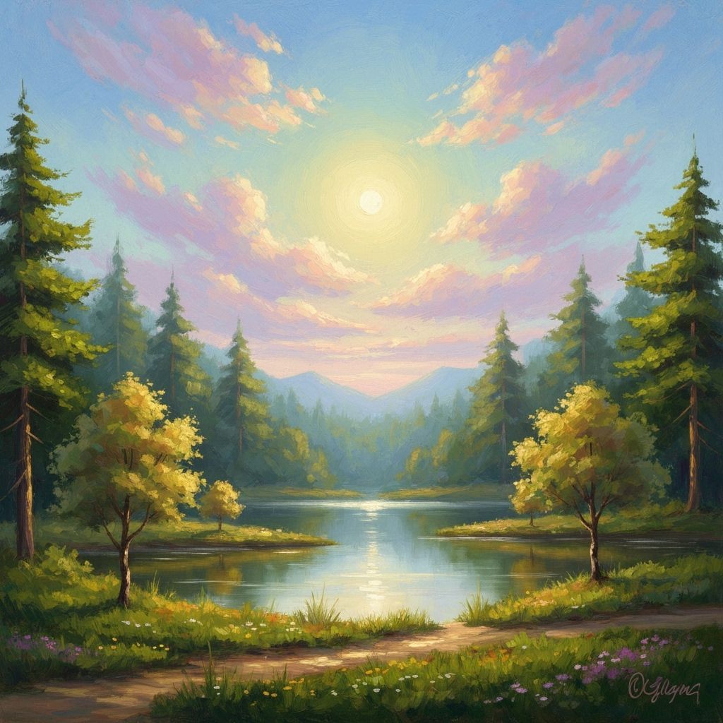 Serene Landscape with Happy Trees and Vibrant Skies