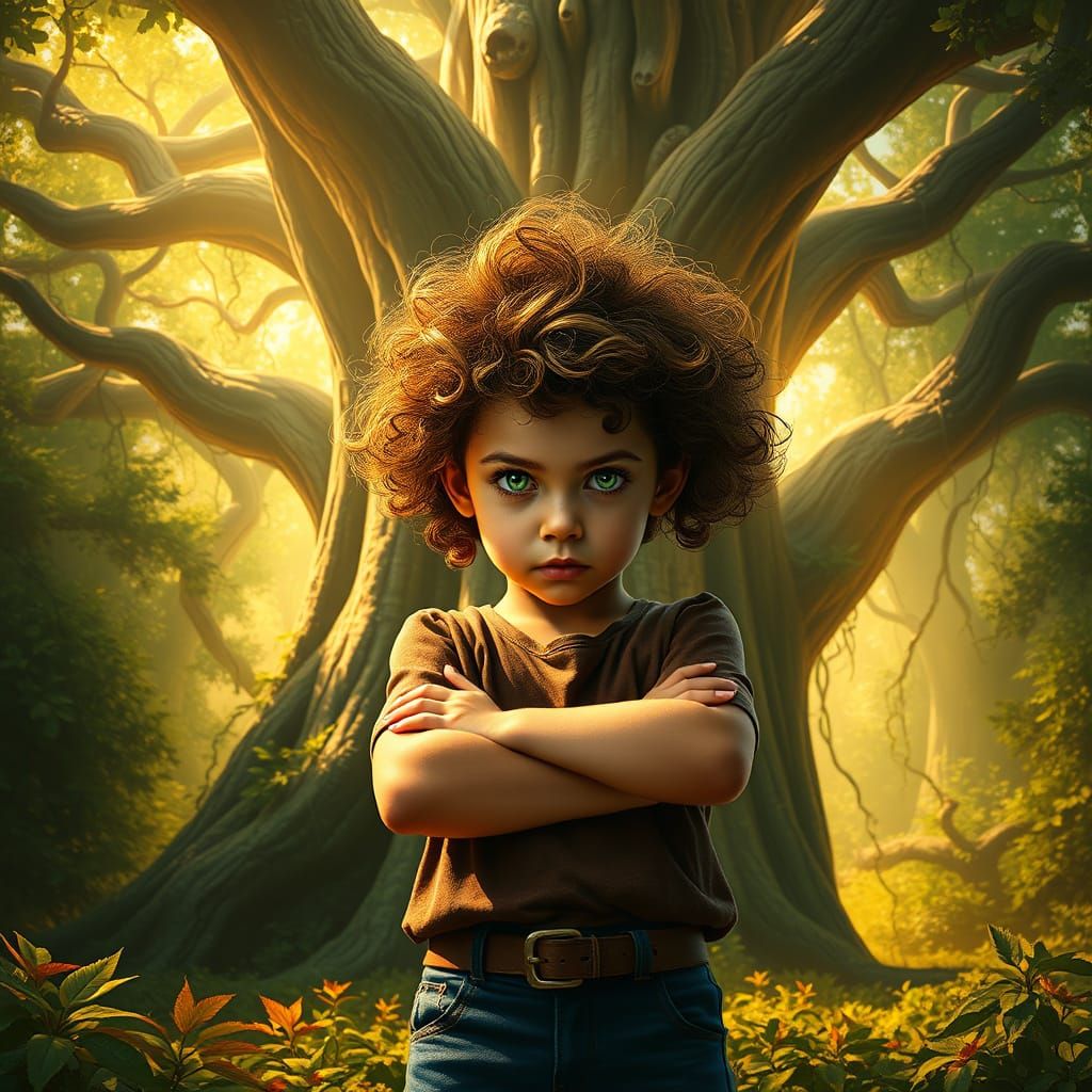 Girl Triumphs Amidst Whirlwind of Leaves in Mystical Forest