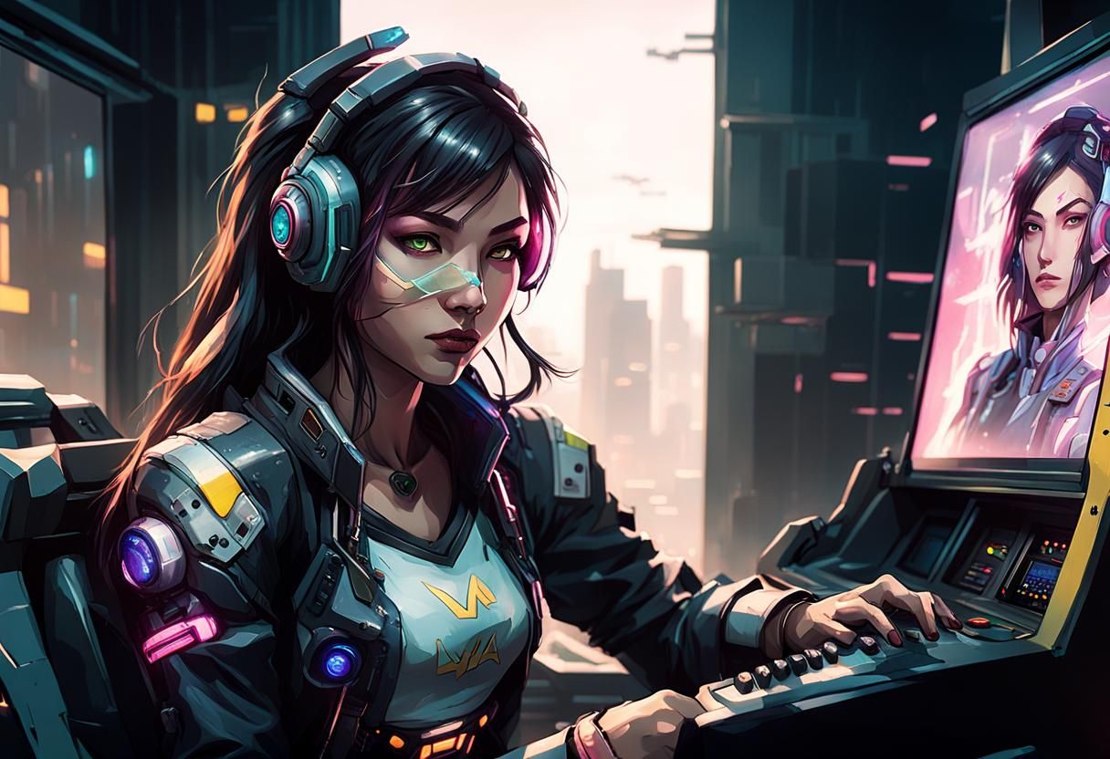 Cyberpunk D.Va in Control Room: Photorealistic Image