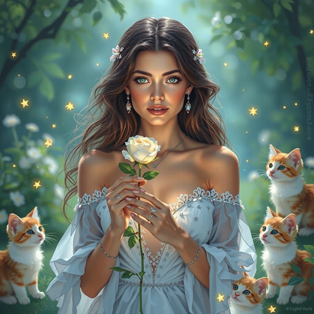 Serene Woman with Rose in Twilight Garden