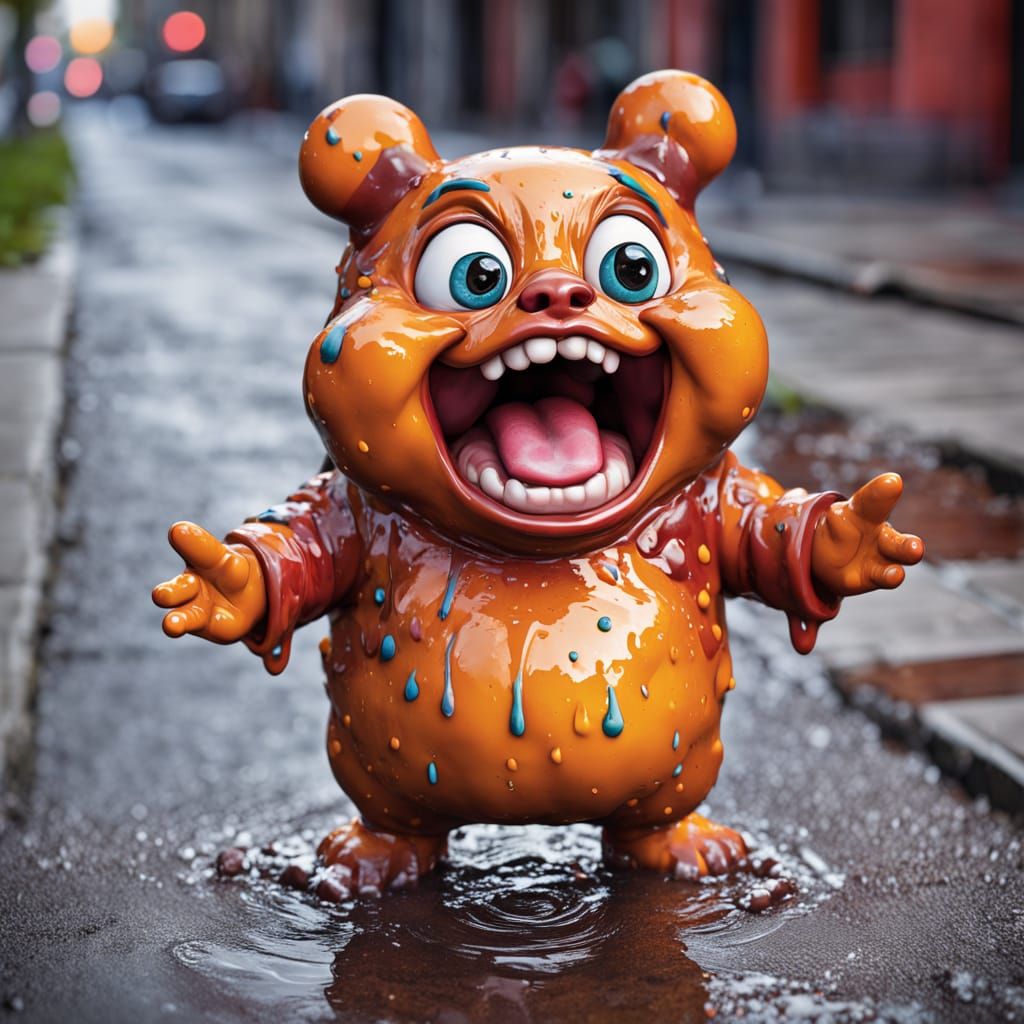 Hyperrealistic Chibi Puddle Person Screaming on Sidewalk