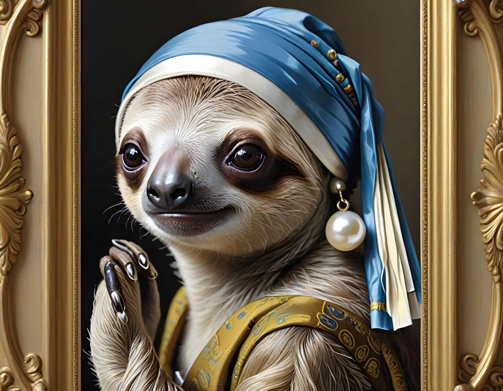 Elegant Lady Sloth in Pearl Earring Masterpiece