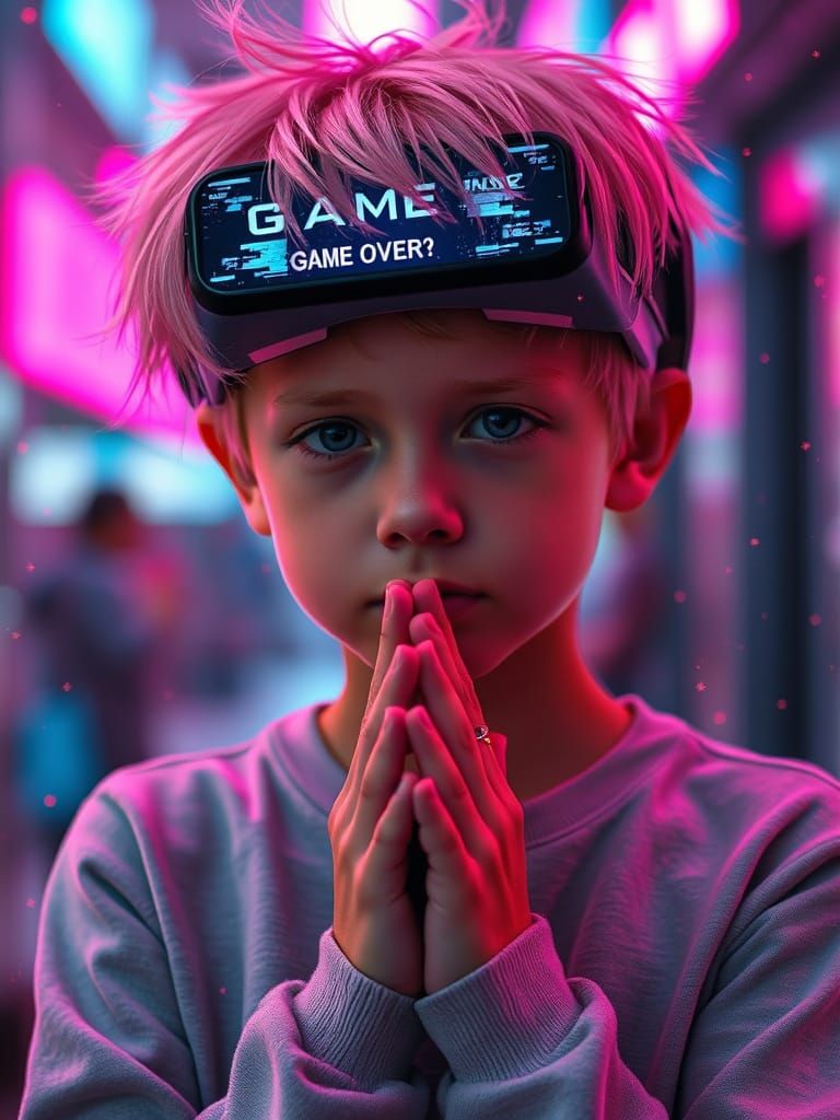 Youthful Gamer Embracing Defeat in Neon-Lit Cyberpunk World