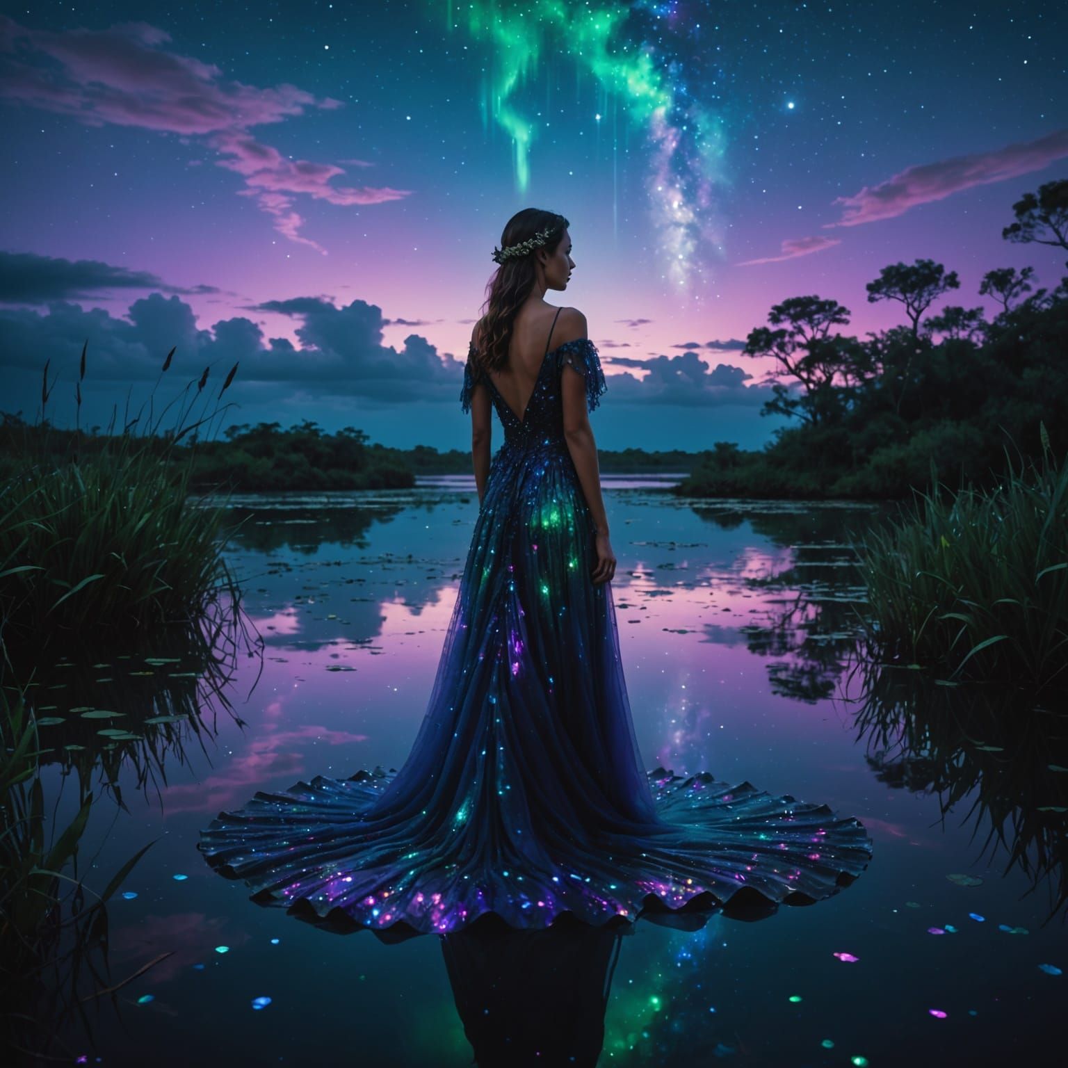 Woman in Mystical Lagoon at Twilight