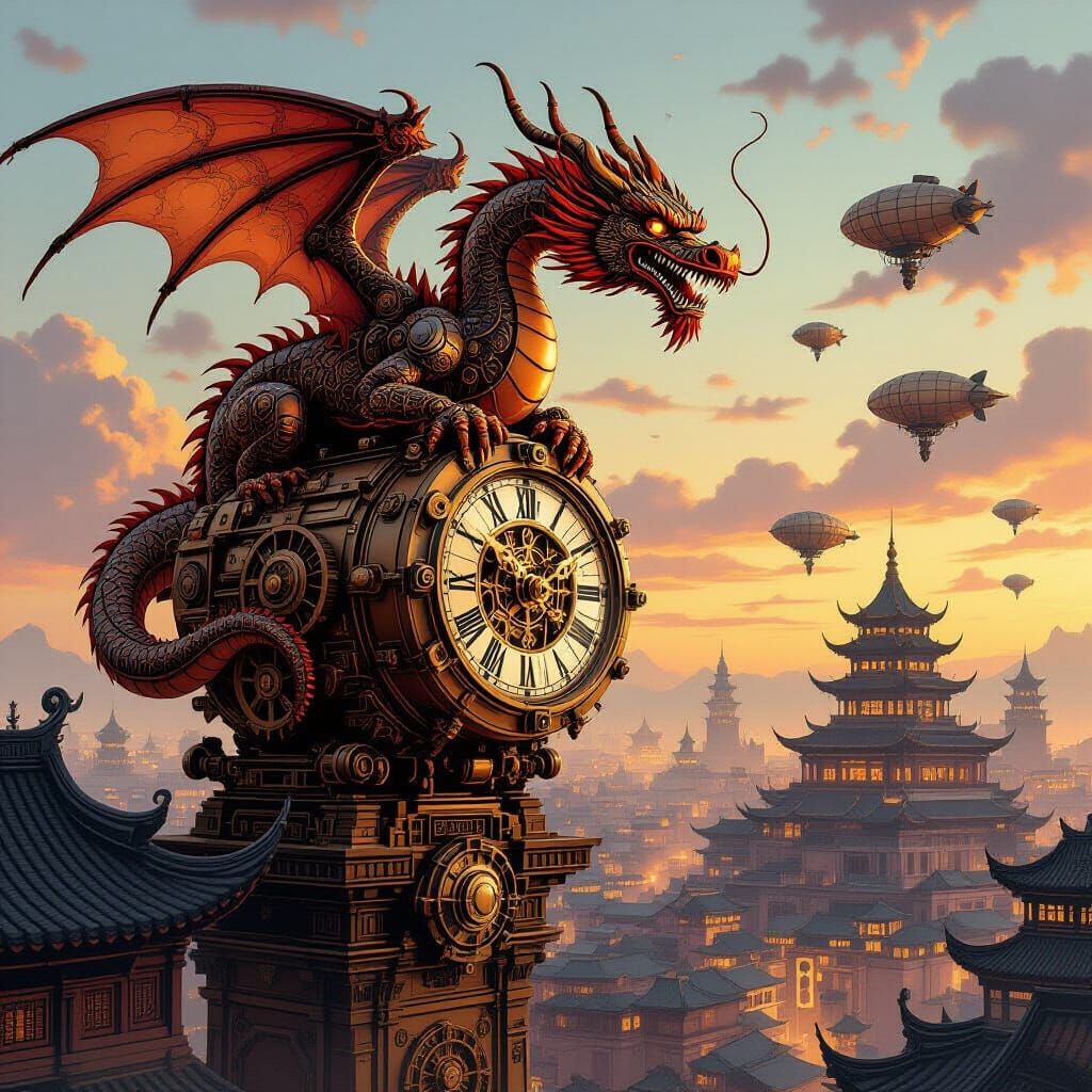 Steampunk Clockwork Dragon Over Cityscape