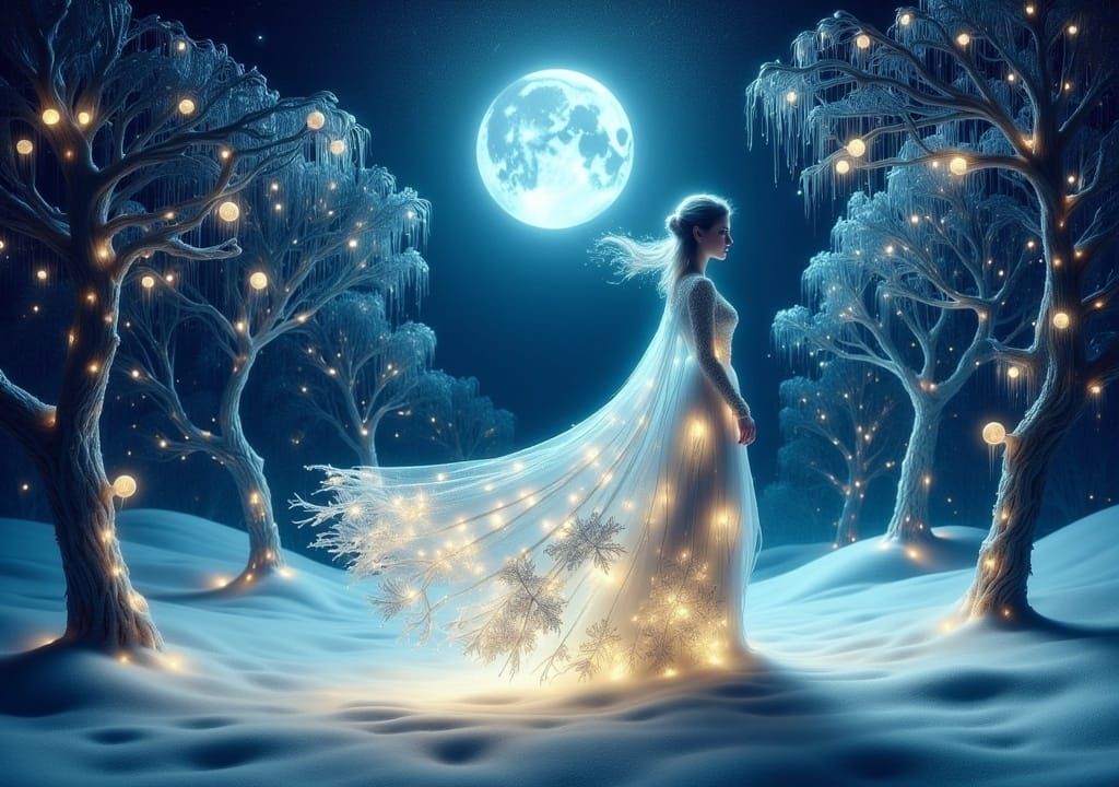 Enchanted Winter Night with Woman in Snowflake Cloak