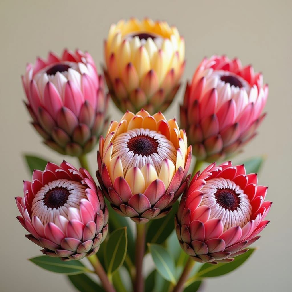Vibrant Protea Flower Cluster in Crimson and Pink