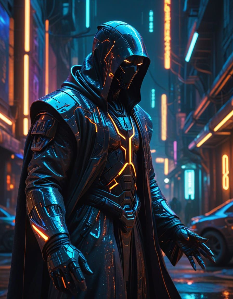 Mysterious Wizard Conjures Spells Amidst Neon Cityscape