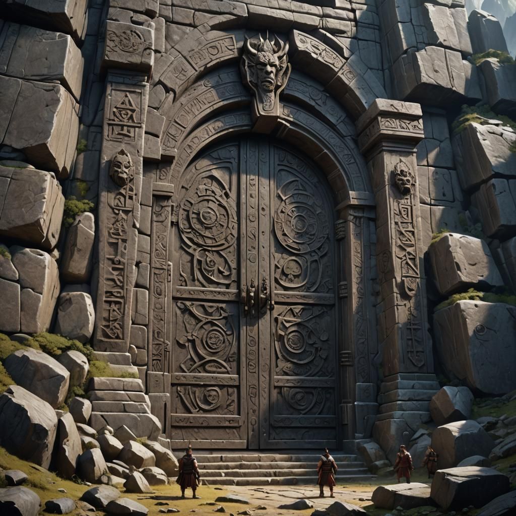 Mountain Door with Minotaurs in Dark Fantasy Style