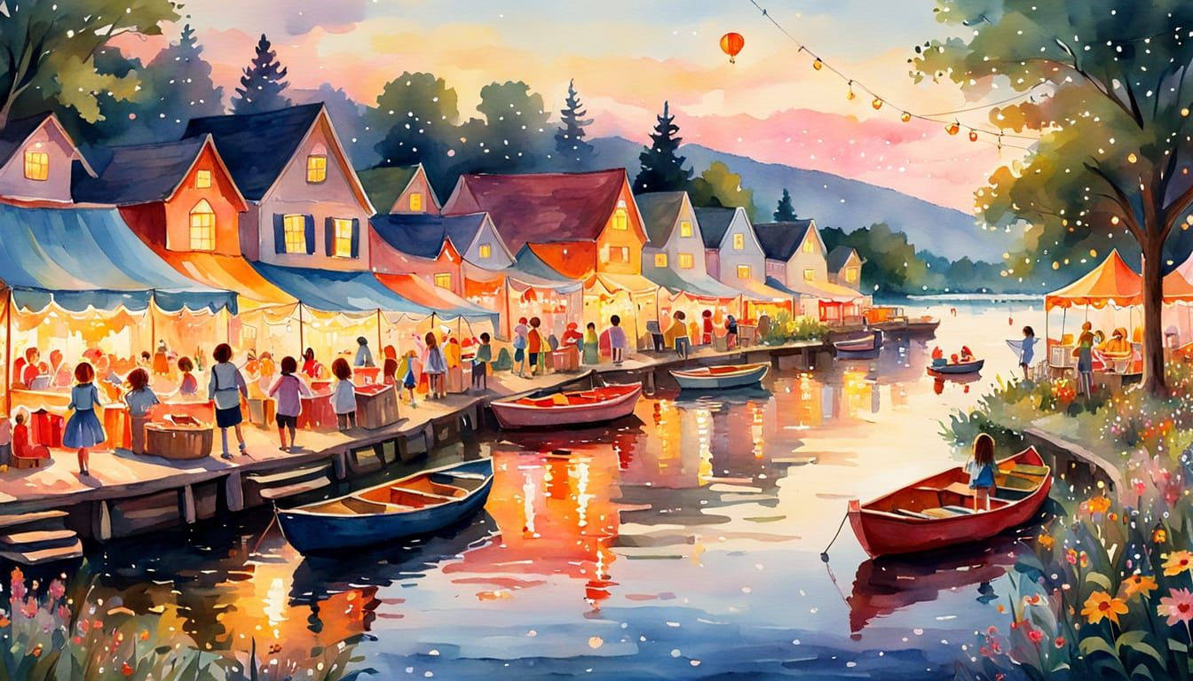 Lakeside Festival: Impressionist Watercolor Painting