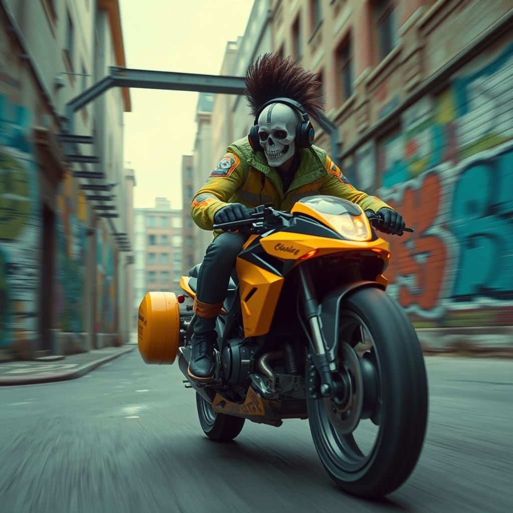 Cyberpunk Rider on Hover-Cycle in Brutalist City