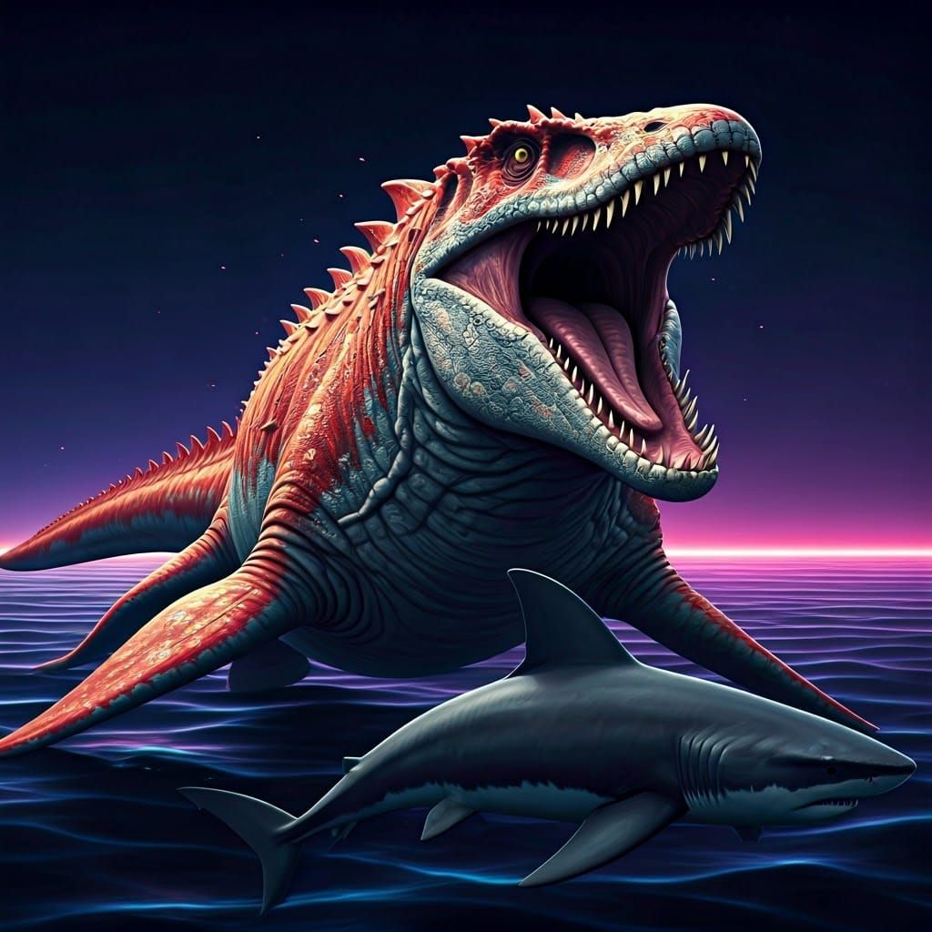 Mosasaurus with Opal Skin in Synthwave Retro Style