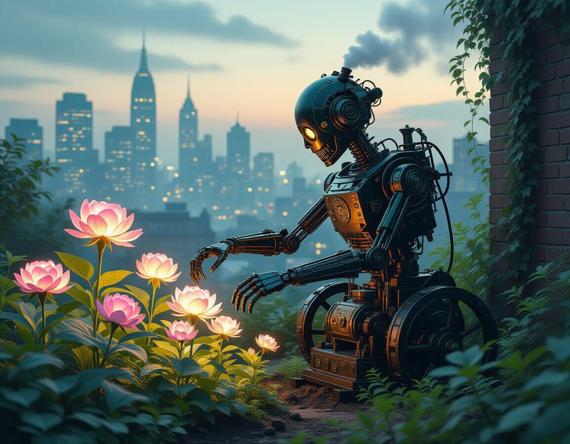 Victorian Automaton Tends Glowing Garden in Twilight City