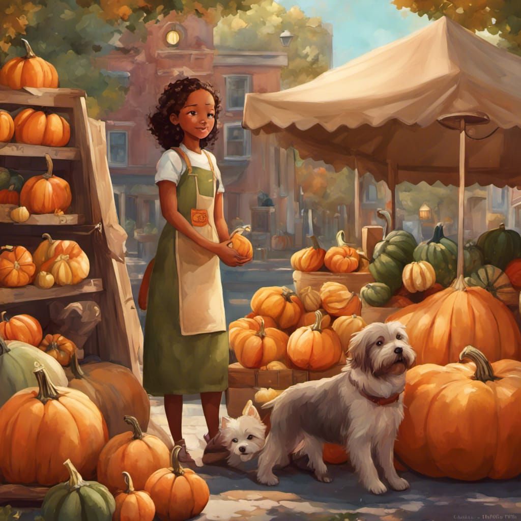 Girl and Dog at Whimsical Pumpkin Market