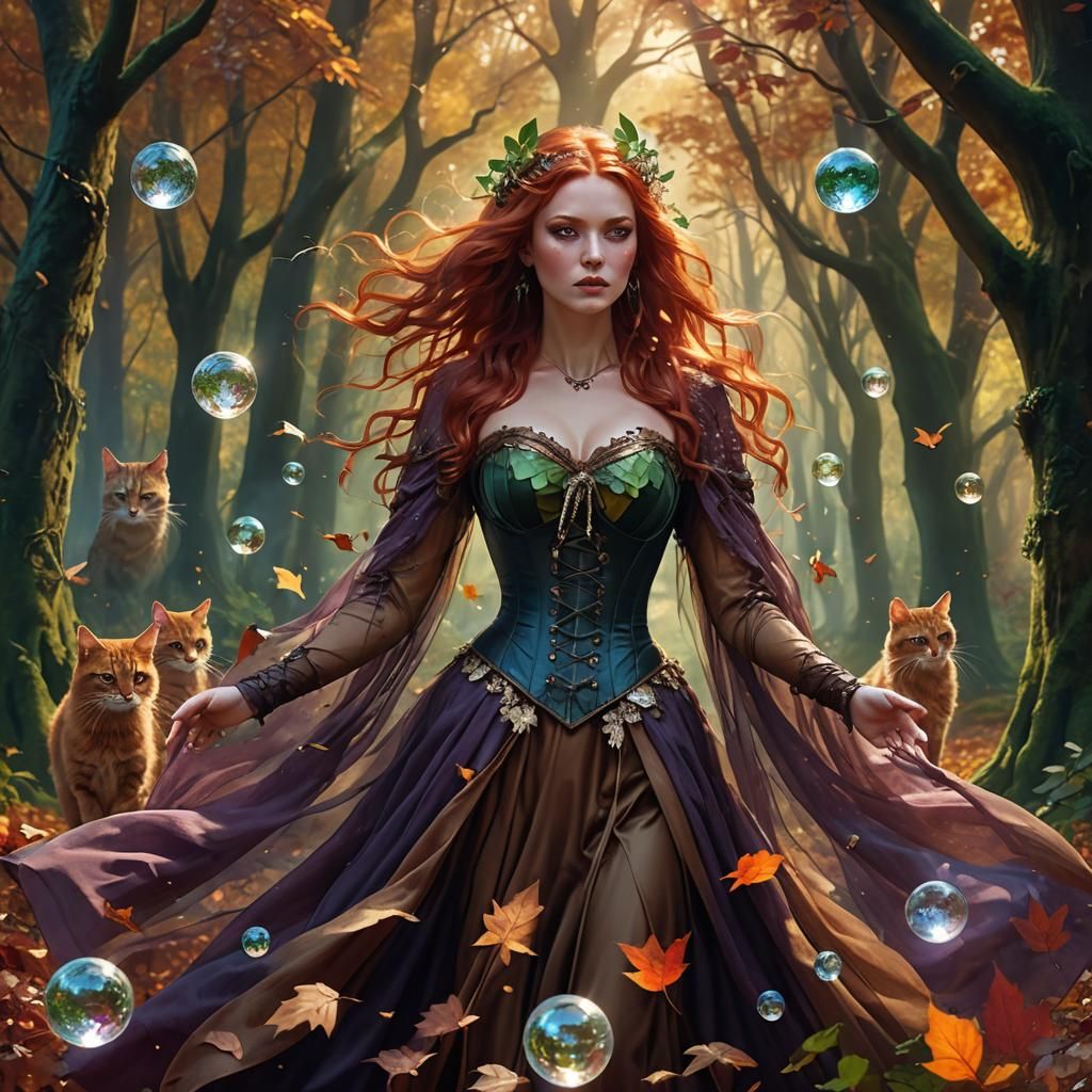 Autumn Forest Goddess with Flowing Red Hair