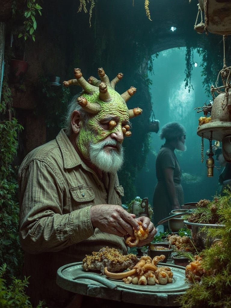 Bioluminescent Cryptid Chef Prepares Fungi Dish