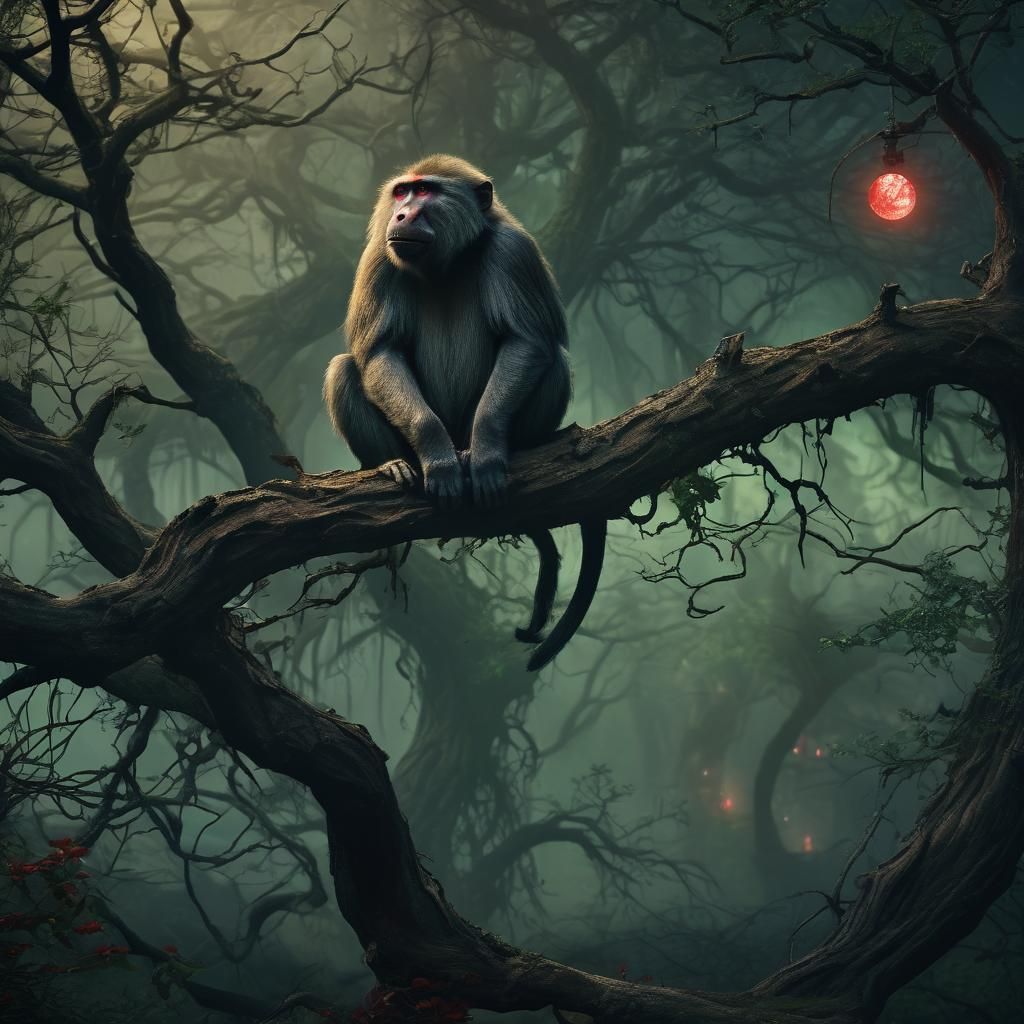 Vampire Baboon in Mystical Forest: Dark Fantasy Art