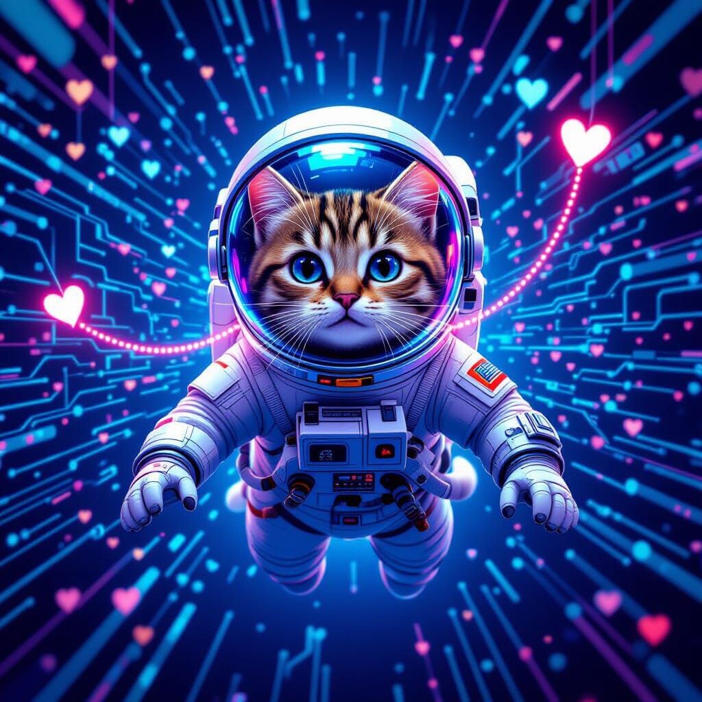 Astronaut Cat in Digital Realm with Heart Tethers