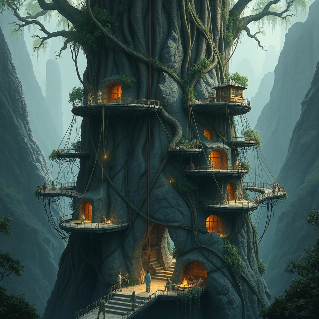 Mystical Grotto City Encircling Giant Tree at Night