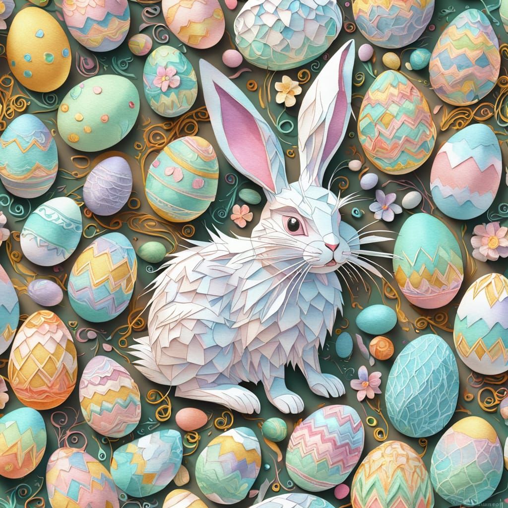 Cute Easter Bunny Painting Eggs in Pastel Embroidery