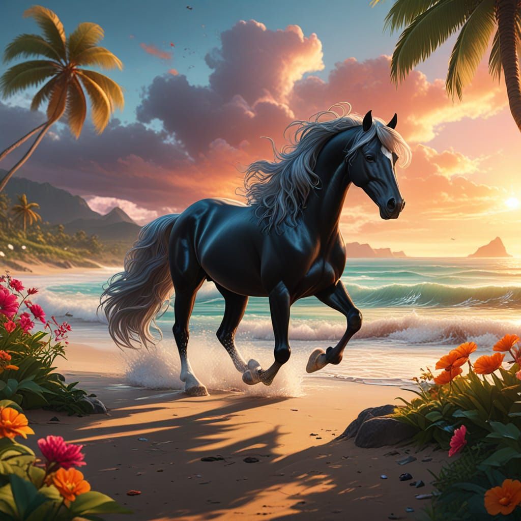 Majestic Black Stallion Gallops at Sunset Beach