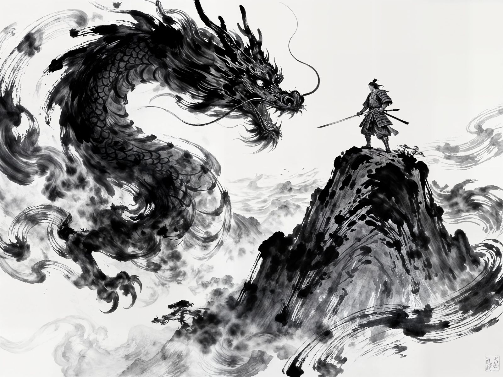 Dragon Ink Wash Painting of Samurai Battle