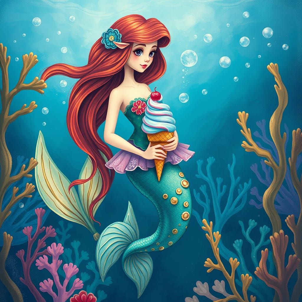 Ice Cream Mermaid in Vibrant Underwater Scene