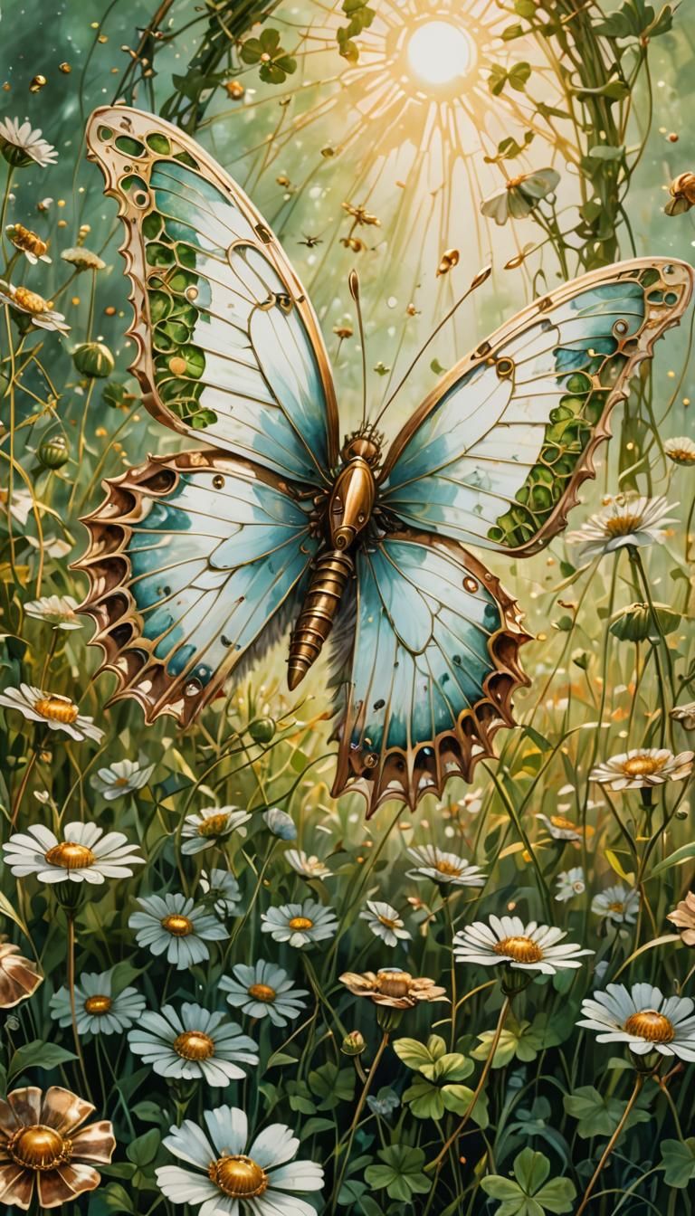 The silhouette of a large white butterfly on a cloverleaf in...