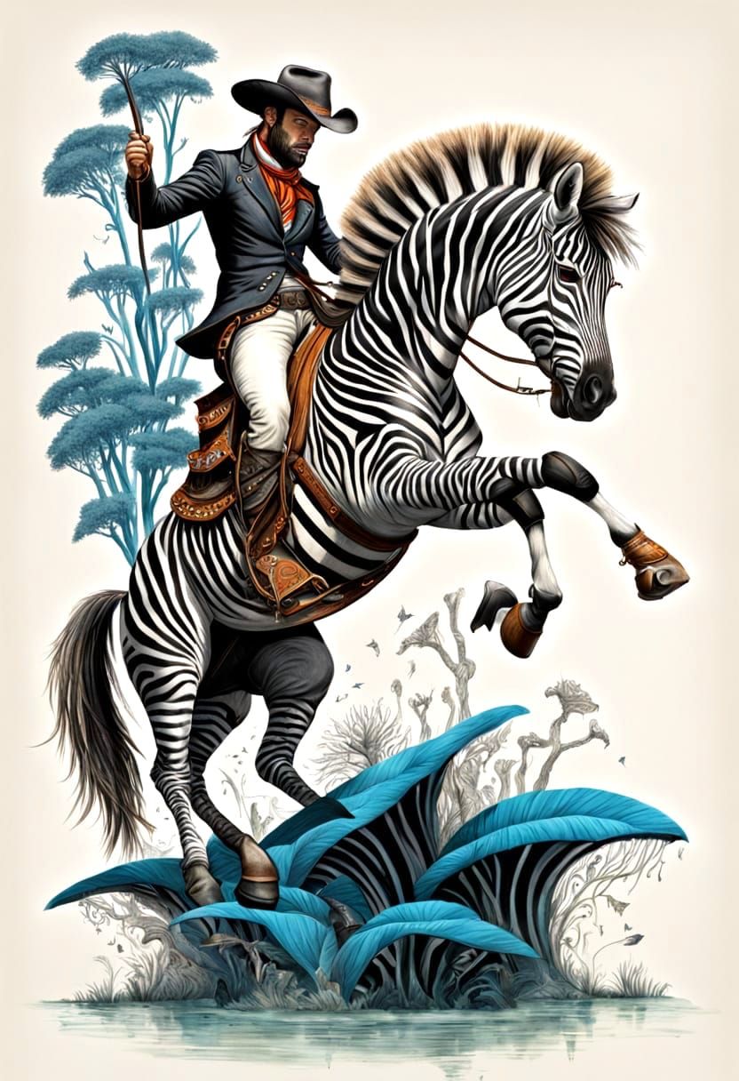 Surreal Western Scene with a Cowboy on a Striped Steed
