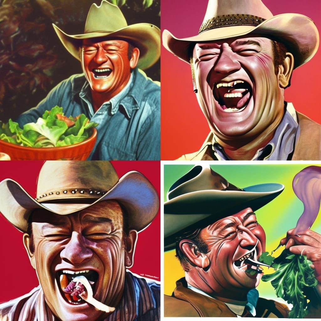Hyperrealistic John Wayne Laughing Eating Salad