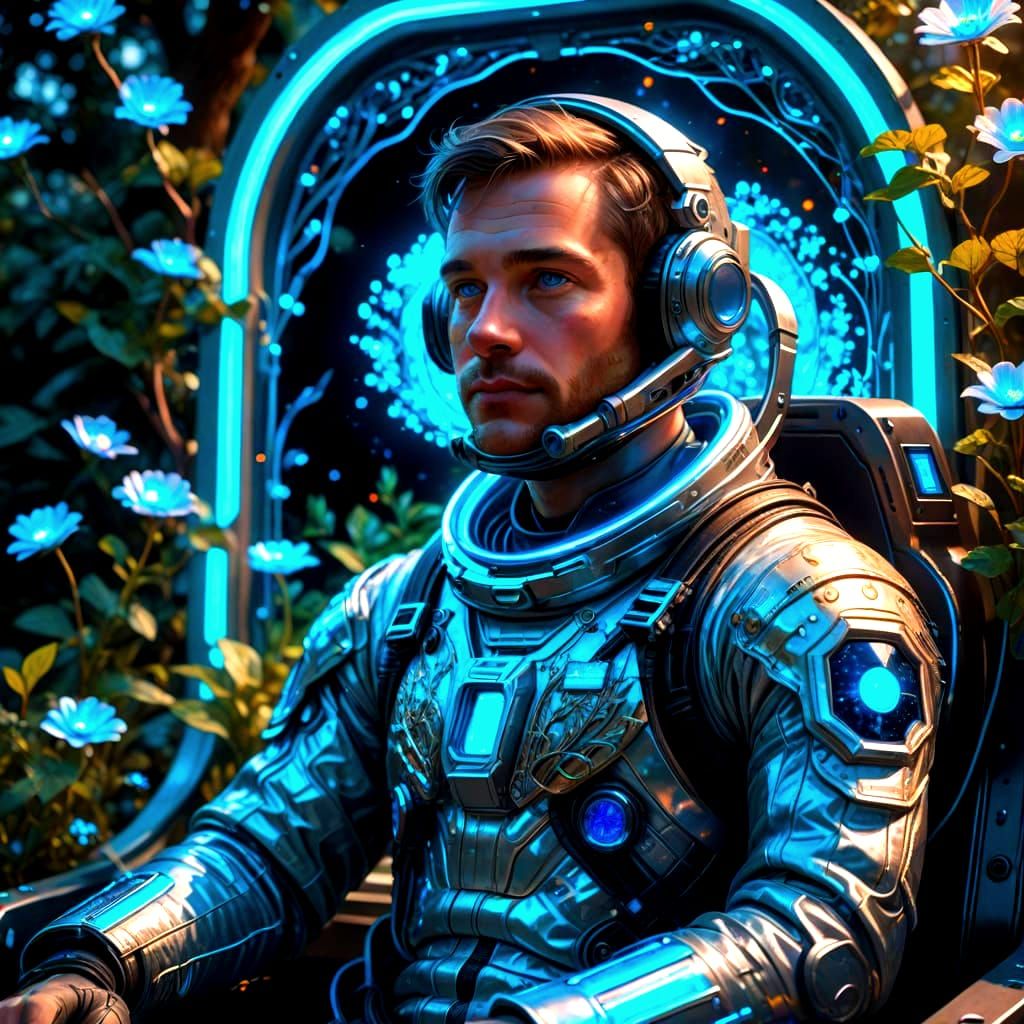 Astronaut in Holographic Bloom, Digital Art Nouveau Masterpi...