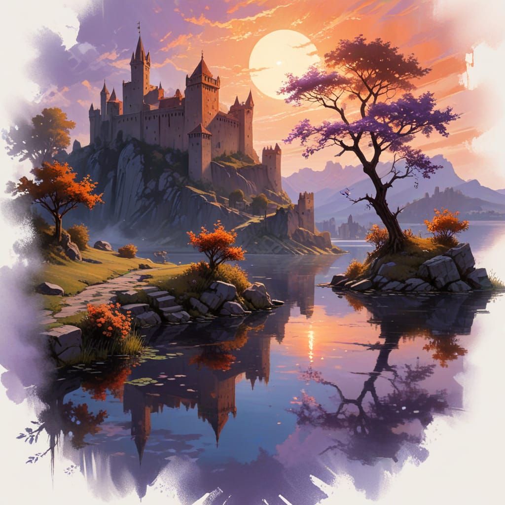 Ancient Citadel Reflects in Serene Lake Waters