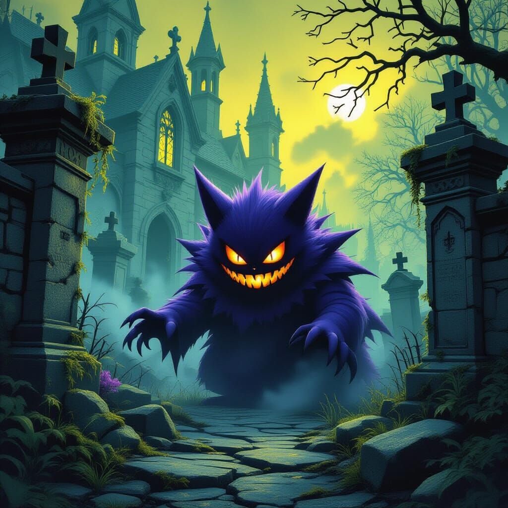 Gengar in Haunted Graveyard, Dark Fantasy Art