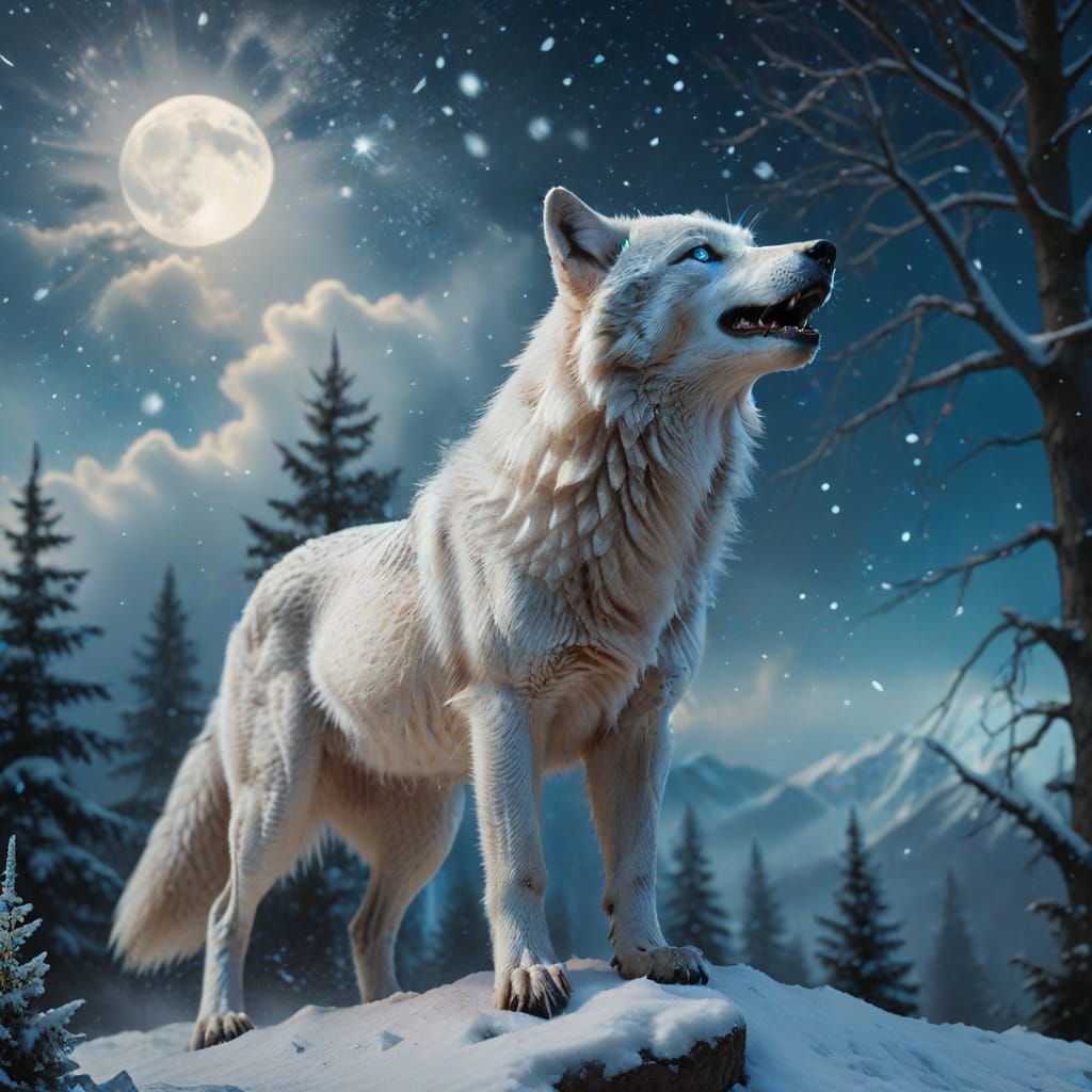 Full shot. A majestic white wolf with glowing blue eyes stan...