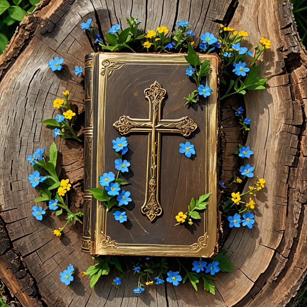 Antique Bible with Cross and Flowers