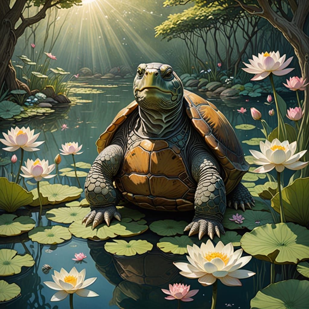 Turtle Sensei Meditating in Lotus Garden