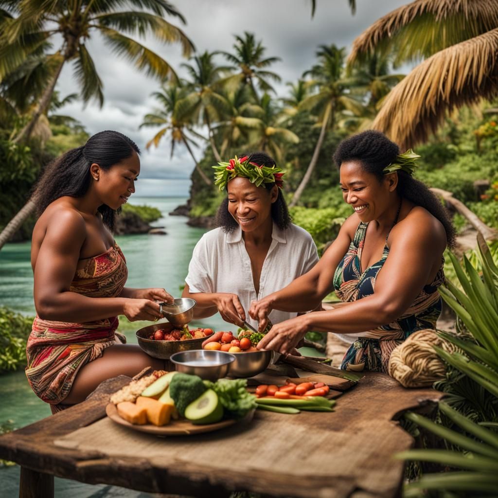 Island Oasis: Polynesian Women Preparing a Meal