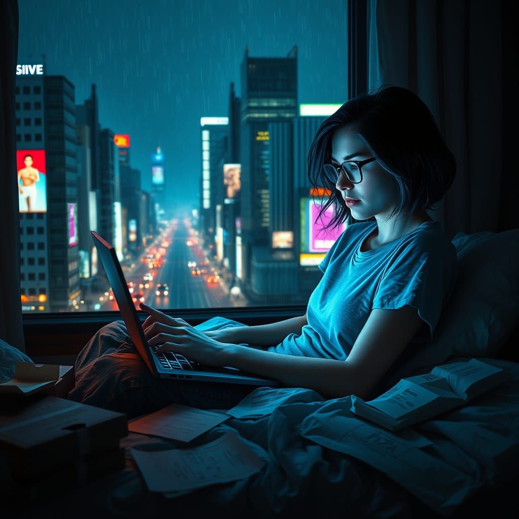 Cyberpunk Night Scene: Freckled Hacker in Rainy City