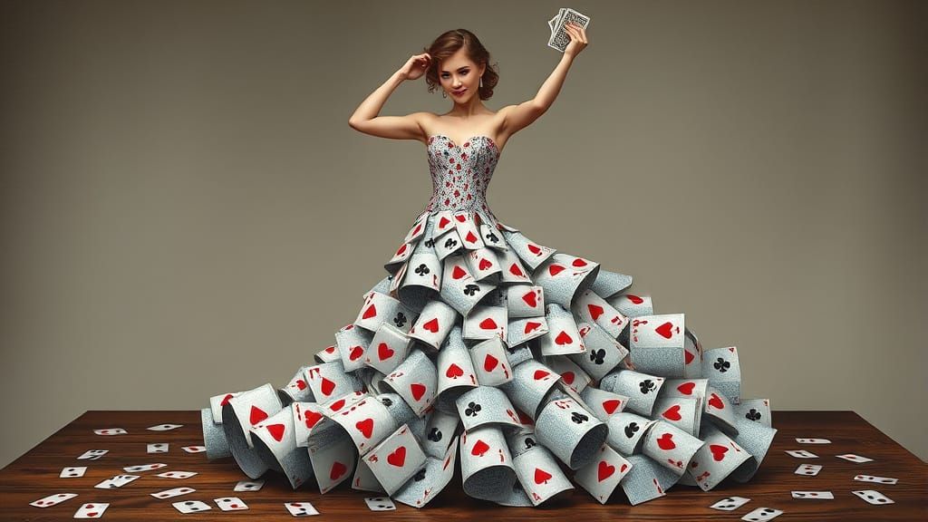 Elegant Woman in Cardboard Gown with Raised Arm and Cards