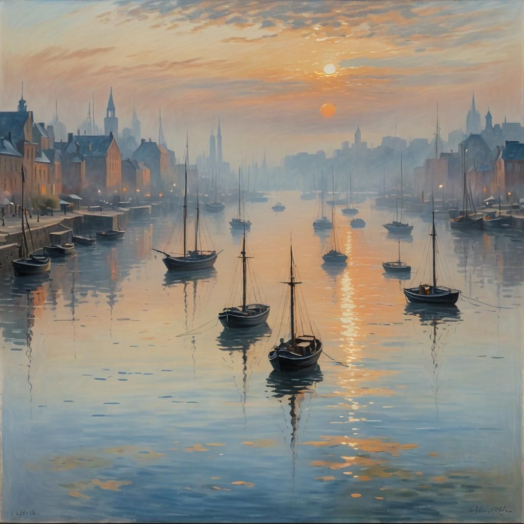 Hazy Harbor at Dawn: Impressionist Landscape Painting