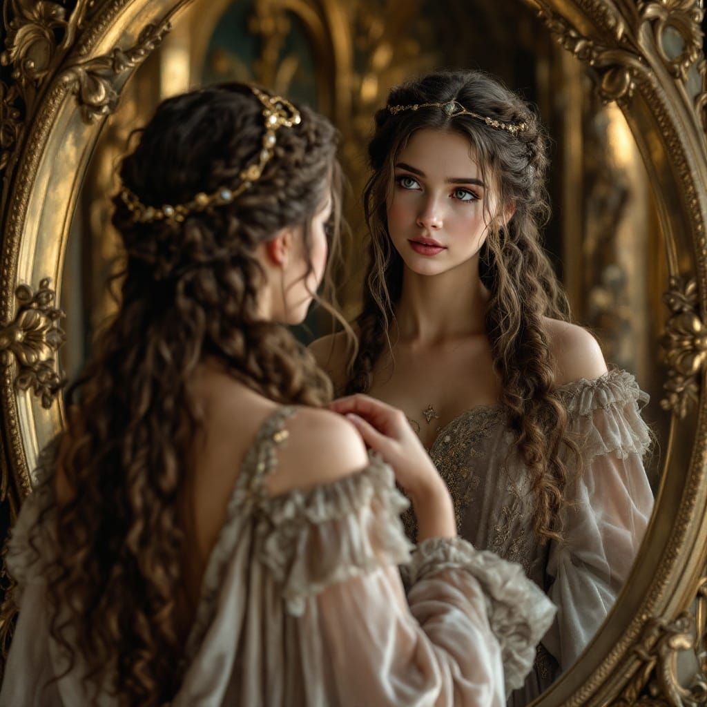 Medieval Beauty Combing Hair in Gilded Mirror