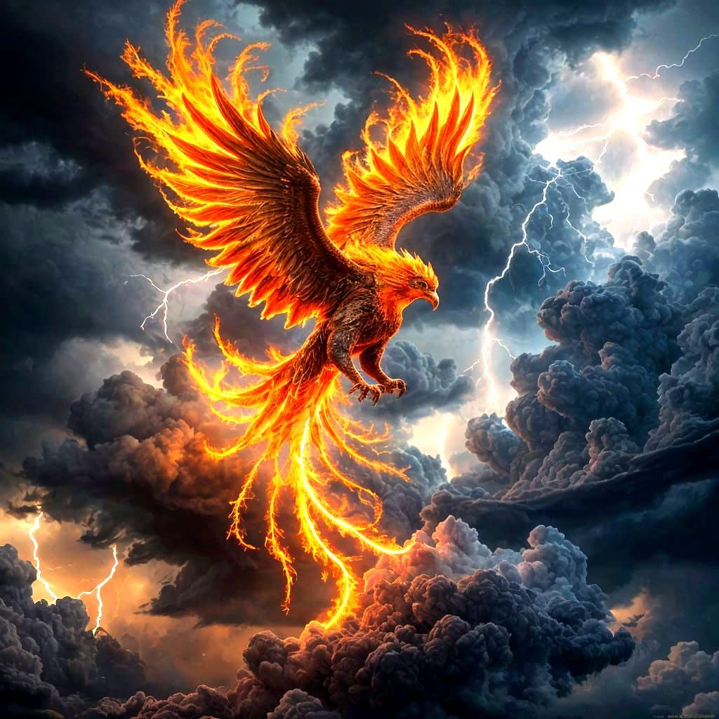 Stunning Flaming Phoenix Soars Through Dramatic Stormy Skies