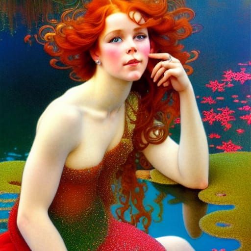 Young Woman by a Pond: Oil Painting