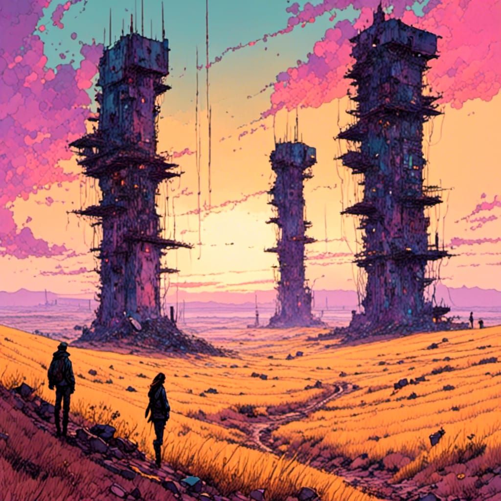 Cyberpunk Watchtowers in Wasteland, Moebius Style