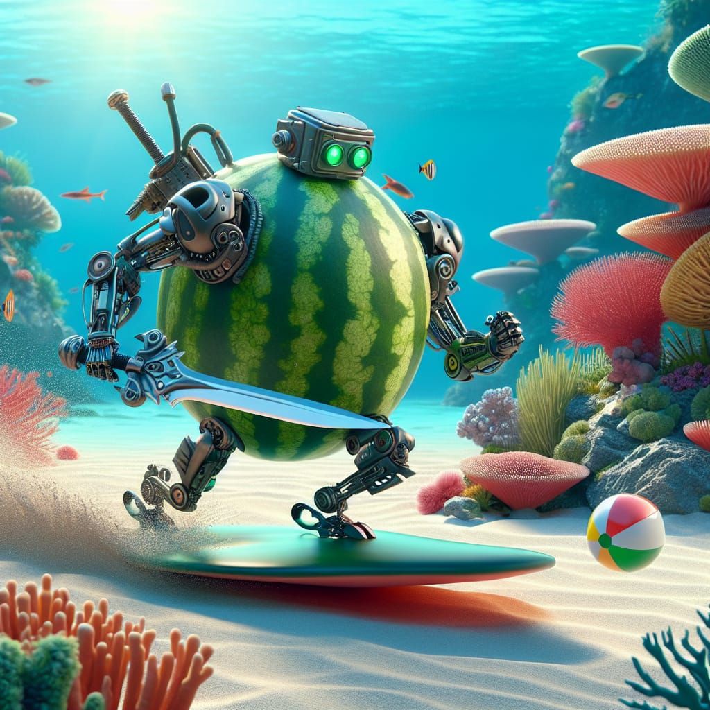 Mechanical Watermelon Warrior on Stingray Chase