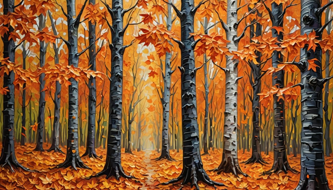 Autumn Maple Forest Impasto Painting with Falling Leaves